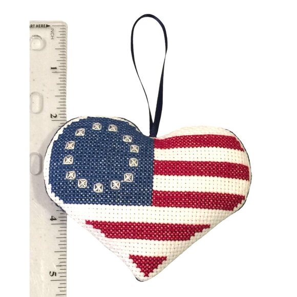 Hand Crafted Patriotic Heart 3" Cross Stitched Flag Ornament with Ribbon Hanger - Picture 2 of 3
